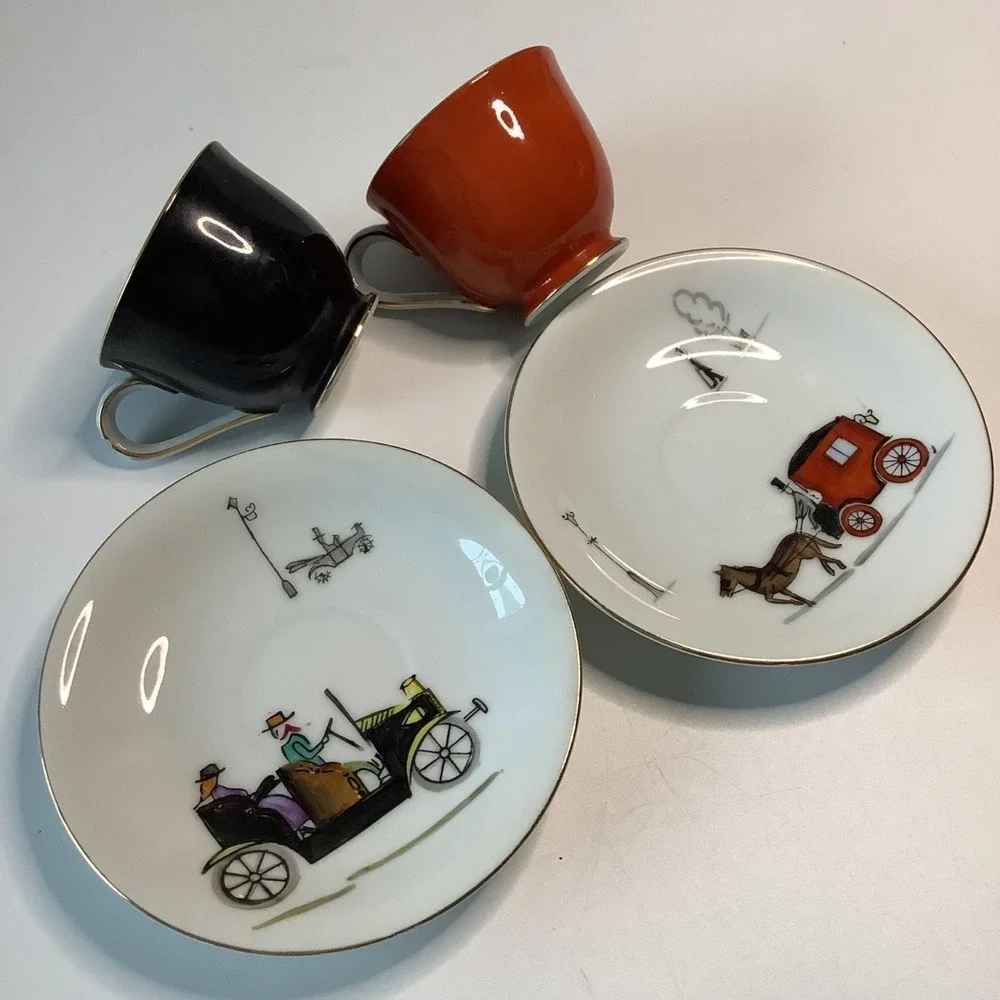 Ucagco Japan Ceramic Cup & Saucer‎ Horse Drawn Carriage Red & Black w/ Gold Rim
